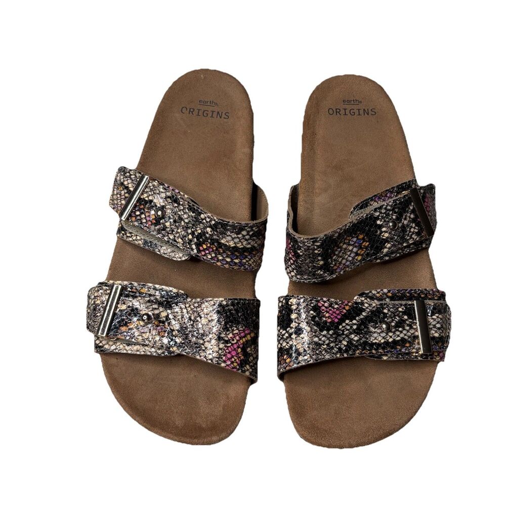 Earth Origins Orra Cream Pink Brown Snake Print Buckle Sandals Size 9 Womens